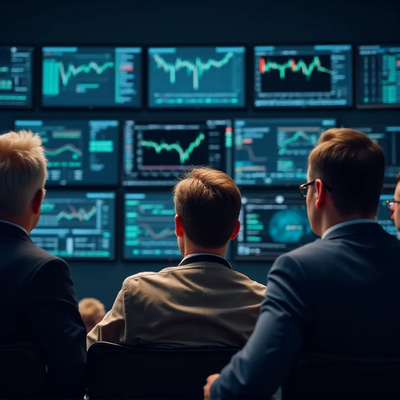 A diverse group of investors watching stock market data on multiple screens.