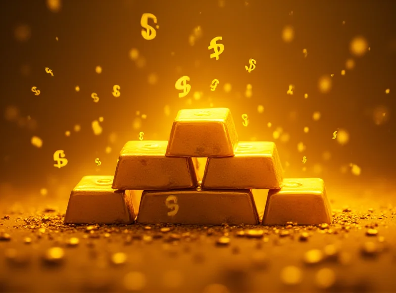 Illustration of gold bars with dollar signs and trade symbols.