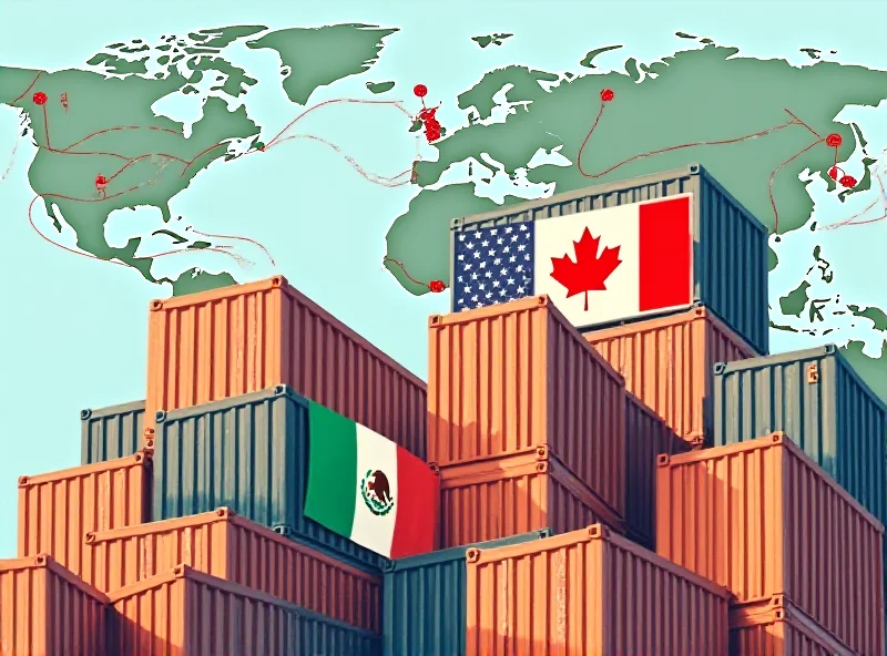 Image of shipping containers and trade routes between Canada, Mexico, and the United States, emphasizing the flow of goods and economic interdependence.