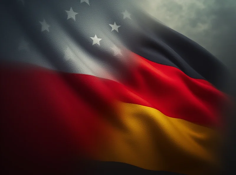 Conceptual image of a Czech flag intertwined with the German flag, with a shadow of the American flag looming over them, alluding to tariffs.