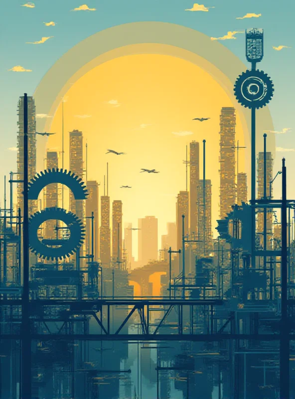 A stylized image of the Berlin skyline, with interconnected gears representing industry and innovation, and a bright sunrise symbolizing a new era of ambition.