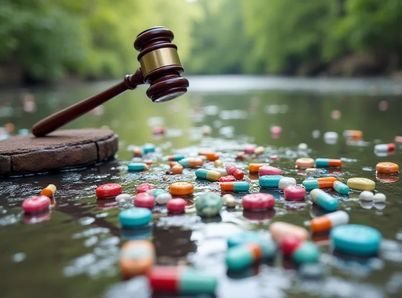 Image depicting pharmaceutical pills flowing into a polluted river, with a courtroom gavel overlaid on the scene, symbolizing the lawsuit against the EU.