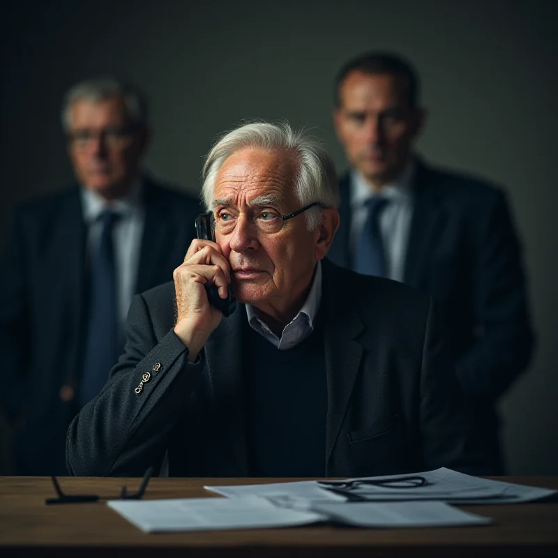 A stock photo of an elderly German pensioner looking worried while on the phone, with blurred images of criminals in the background, symbolizing investment fraud.