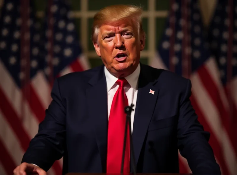 Donald Trump speaking at a podium with an American flag in the background.