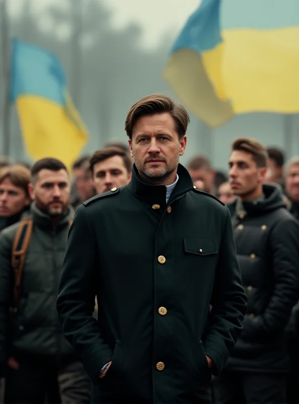 Volodymyr Zelensky standing in front of a Ukrainian flag, addressing a crowd.