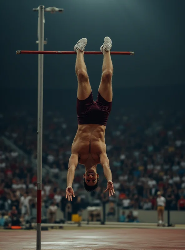 Armand Duplantis mid-air during a pole vault attempt.