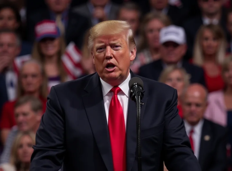 Donald Trump addressing a crowd, gesturing emphatically with his hand. The background features American flags and supporters.