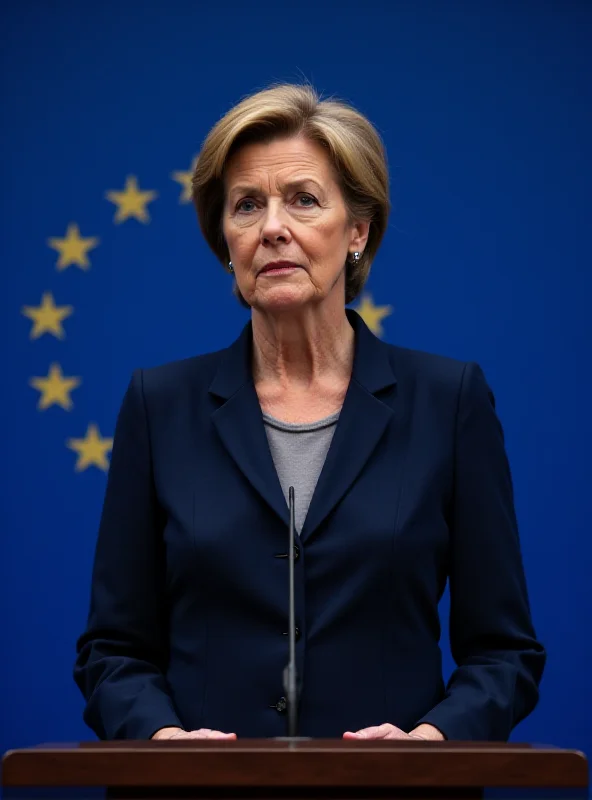 Ursula von der Leyen speaking at a podium, with the European Union flag in the background. She appears serious and determined.