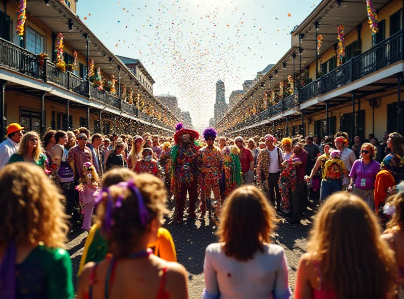 A vibrant Mardi Gras parade in New Orleans. Crowds line the streets as colorful floats pass by, with people throwing beads and decorations.