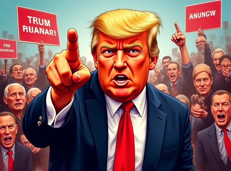 Illustration of Donald Trump pointing his finger aggressively during a political rally.