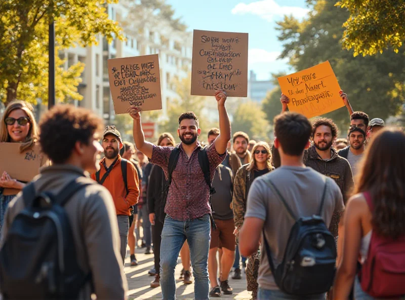 A diverse group of students protesting peacefully on a college campus with signs and banners.