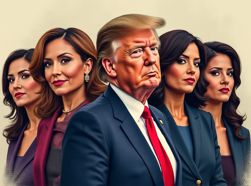 A stylized collage of portraits of diverse women in professional attire, representing key figures in Donald Trump's government, including a Chief of Staff and a press secretary.