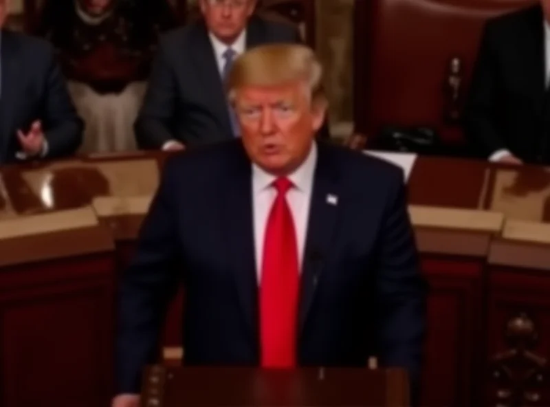 President Trump addressing Congress with American flags in the background