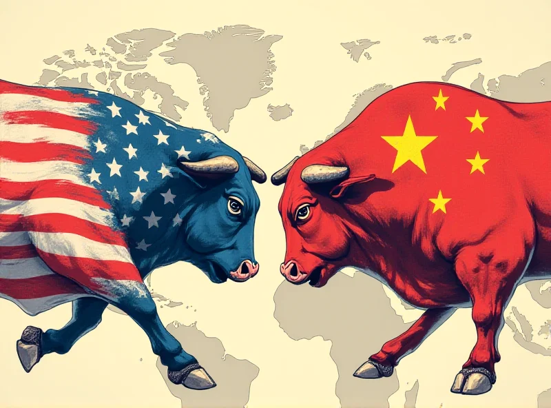 Illustration of two stylized bulls locking horns, representing a trade war, with flags of the US and China in the background.