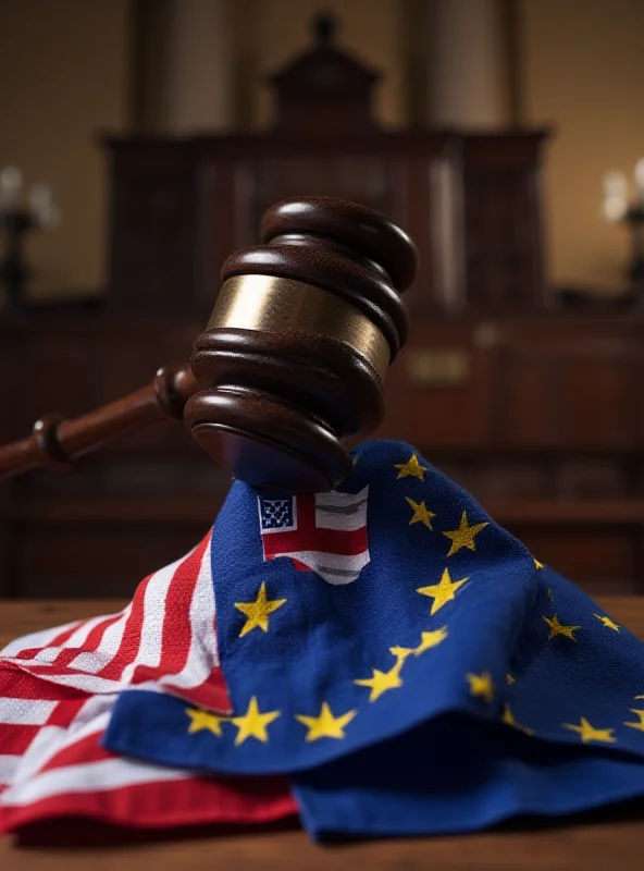 A gavel slamming down on a pile of US and EU flags, symbolizing trade disputes and legal battles.