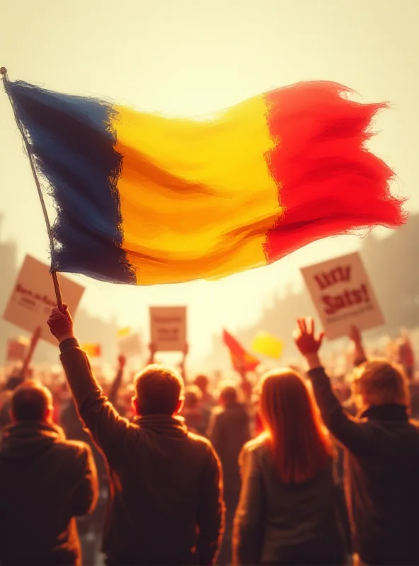 Illustration of the Romanian flag with protestors in the background.