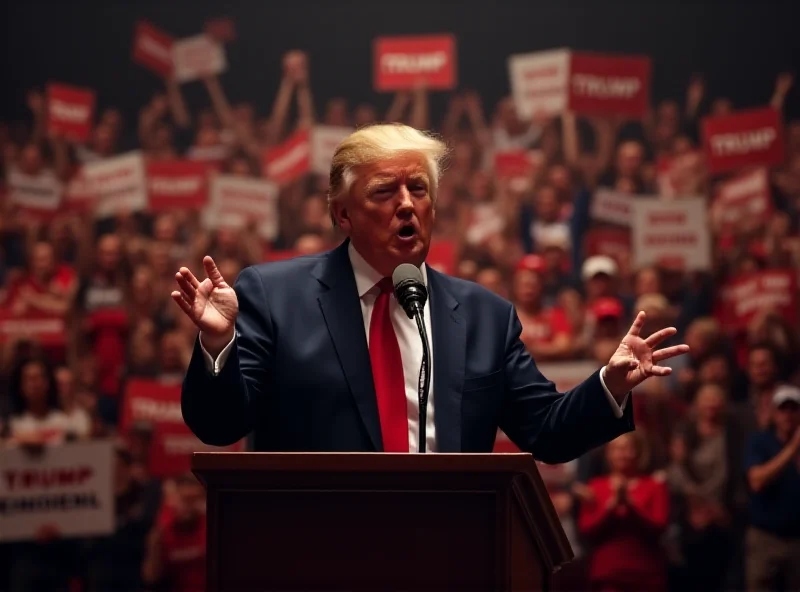 Donald Trump speaking at a rally, with a crowd of supporters behind him.