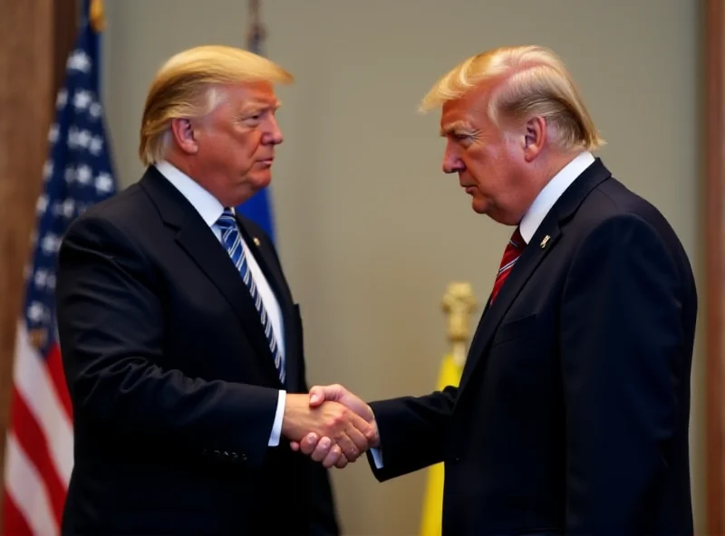 Donald Trump shaking hands with Volodymyr Zelenskyy in a formal setting, flags of the US and Ukraine in the background, serious expressions.