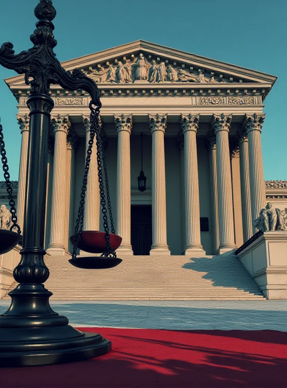 Illustration of the US Supreme Court building with scales of justice in the foreground, dramatic lighting, slightly desaturated colors.