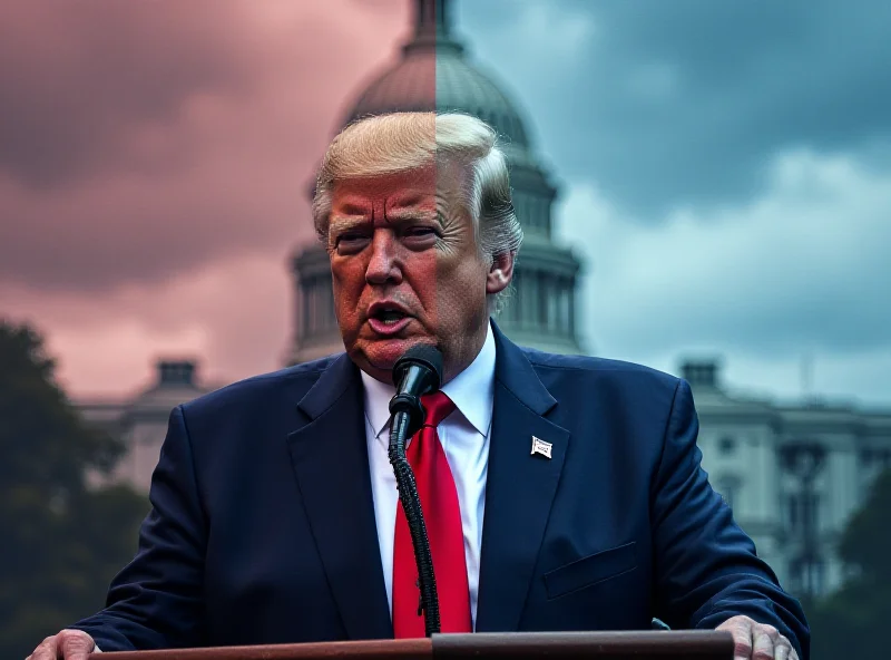 Split image: half showing Donald Trump speaking at a podium, the other half showing the US Capitol Building, serious and determined expressions.