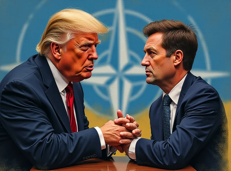 Illustration of Donald Trump giving advice to a worried looking person representing Ukraine, with a blurred NATO logo in the background.