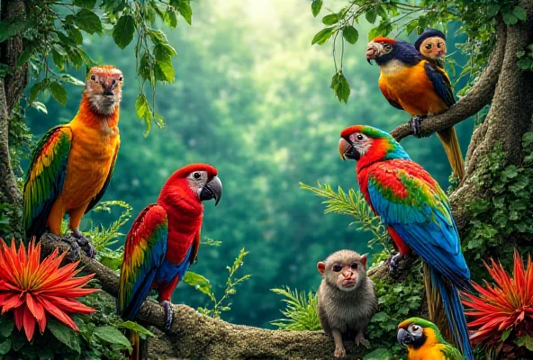 A vibrant photograph showcasing diverse wildlife in a lush rainforest setting, symbolizing biodiversity. The image includes colorful birds, monkeys, and various plant species.