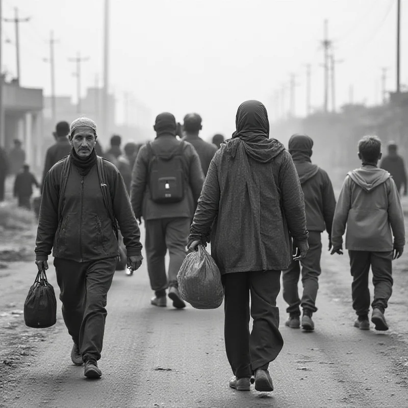 A black and white image of refugees walking with their belongings, looking distressed and uncertain.