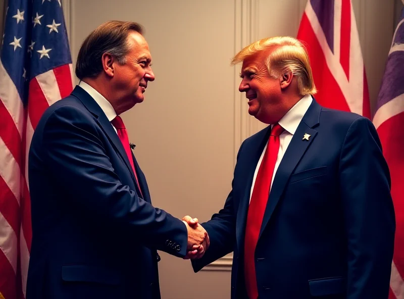 Illustration of Keir Starmer shaking hands with Donald Trump against a backdrop of the US and UK flags.