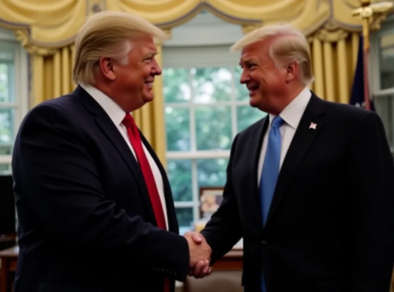 Donald Trump and Volodymyr Zelensky shaking hands in the Oval Office.