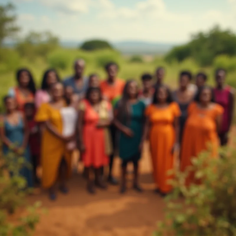 A blurred image of a diverse group of people in Africa, symbolizing aid and support.