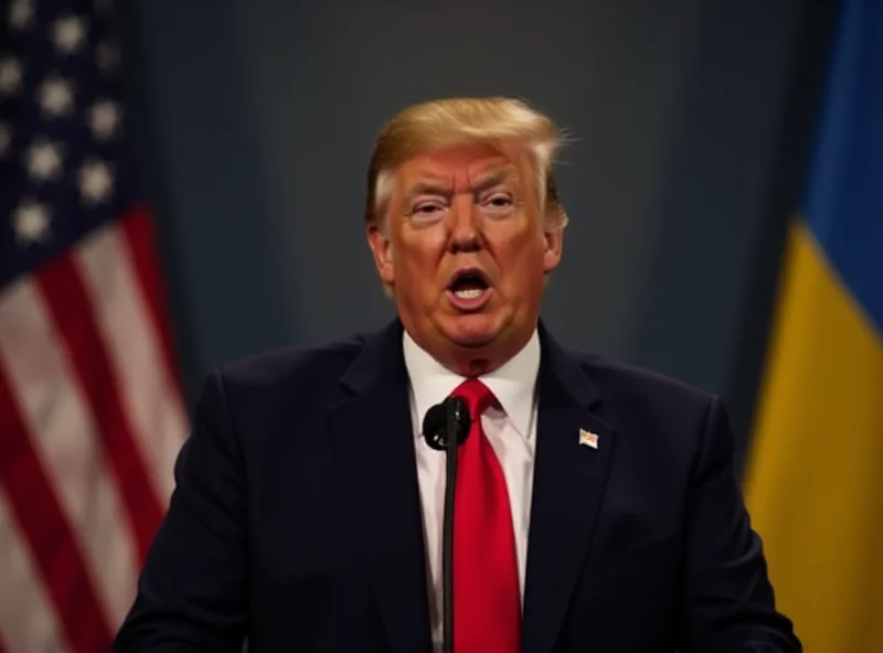 Donald Trump speaking at a podium with the Ukrainian flag in the background.