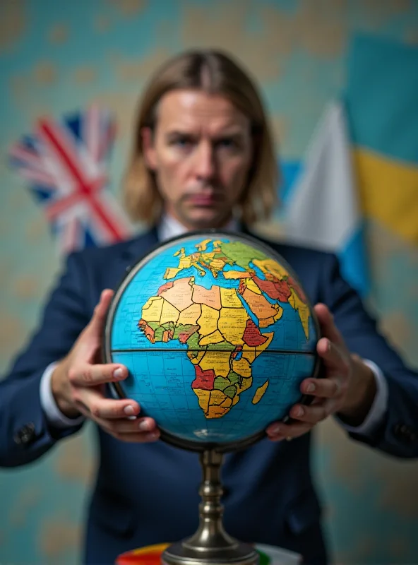 Illustration of a globe with the flags of the UK, France, and Ukraine surrounding it, and a stressed-looking person in the foreground.