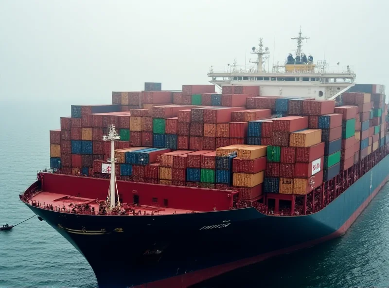 A cargo ship filled with shipping containers, with the flags of Canada, Mexico, and China subtly overlaid on the containers.