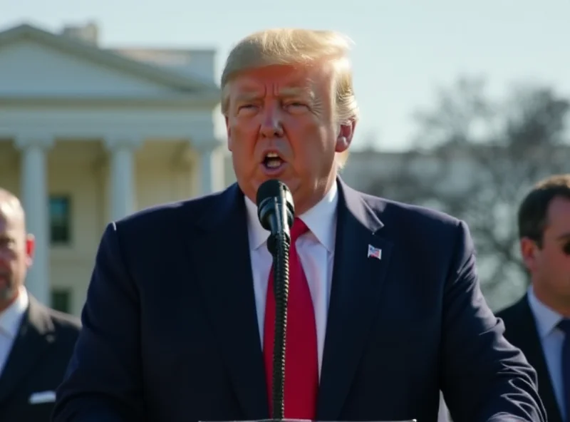 Donald Trump speaking at a podium with the White House in the background