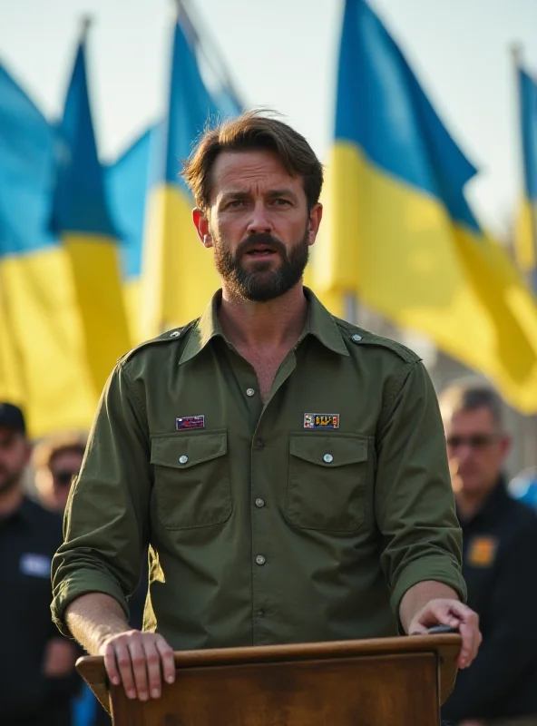 Volodymyr Zelensky giving a speech with Ukrainian flags behind him