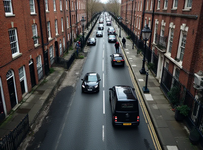 Aerial view of Downing Street in London, with black cars parked in front of number 10