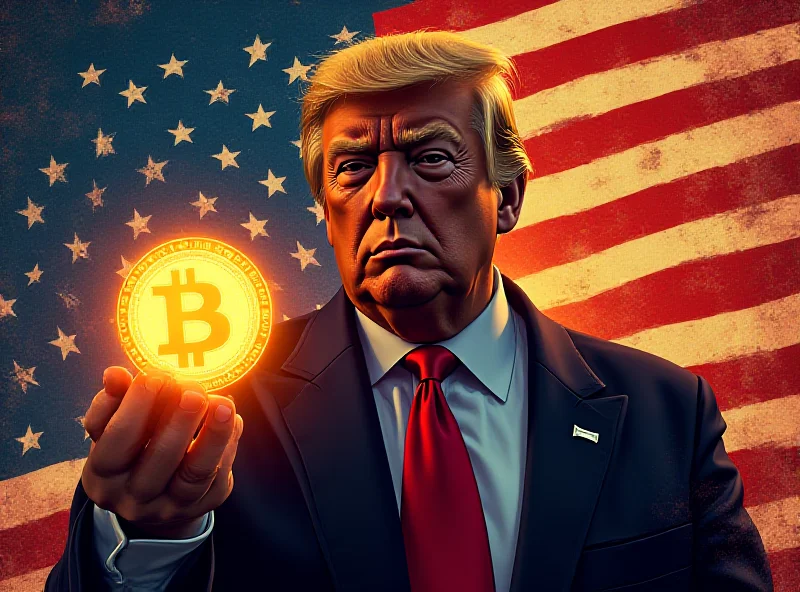 A digital illustration of Donald Trump holding a bitcoin, with the American flag in the background.