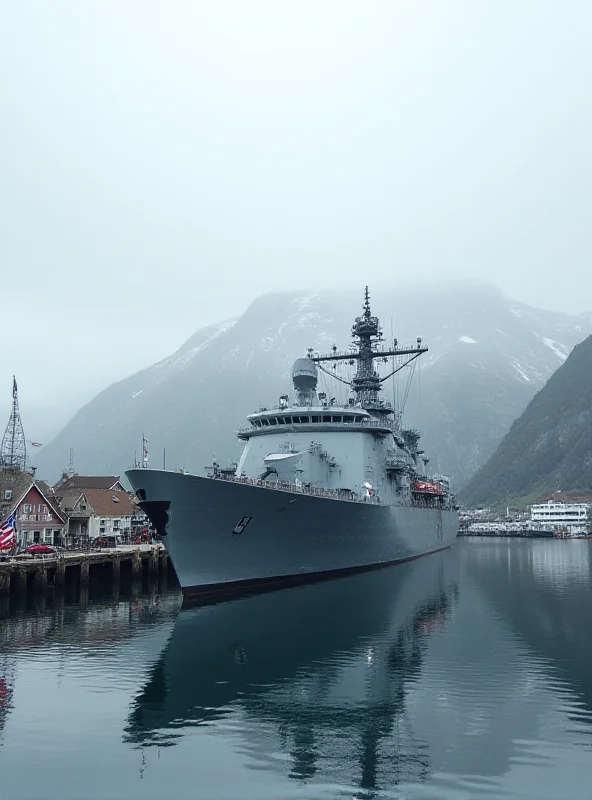 A photograph of a US Navy ship docked in a Norwegian port, with the Norwegian flag flying in the background.