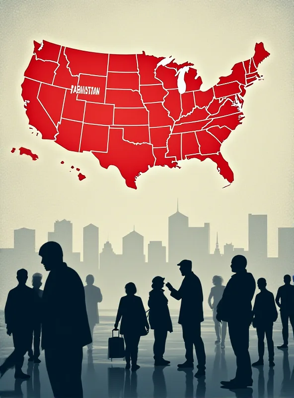 Illustration depicting a map of the United States with Pakistan and Afghanistan highlighted in red, indicating a potential travel ban. Silhouettes of people are shown being turned away at an airport.