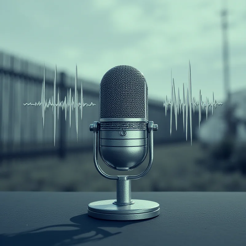 Illustration showing a microphone with soundwaves emanating from it, representing a podcast. In the background, a blurred image of the US-Mexico border fence is visible.