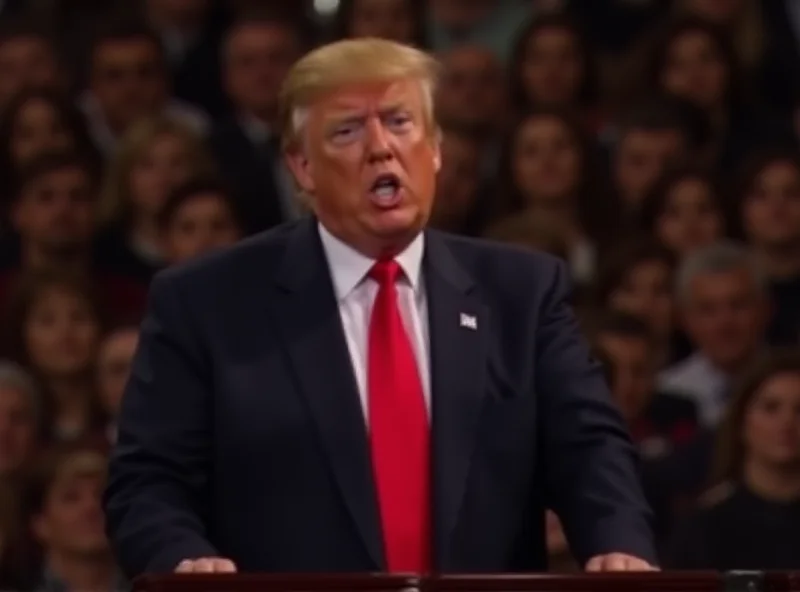 Donald Trump standing at a podium, giving a speech, with a concerned expression.