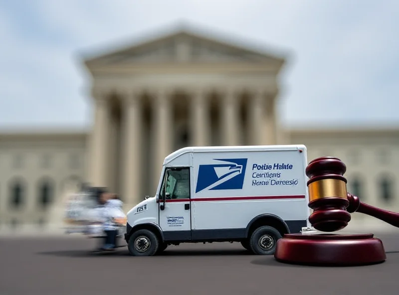 A graphic depicting a U.S. Postal Service truck with a gavel superimposed on it, representing the potential legal challenges facing Trump's proposed changes to the Postal Service.