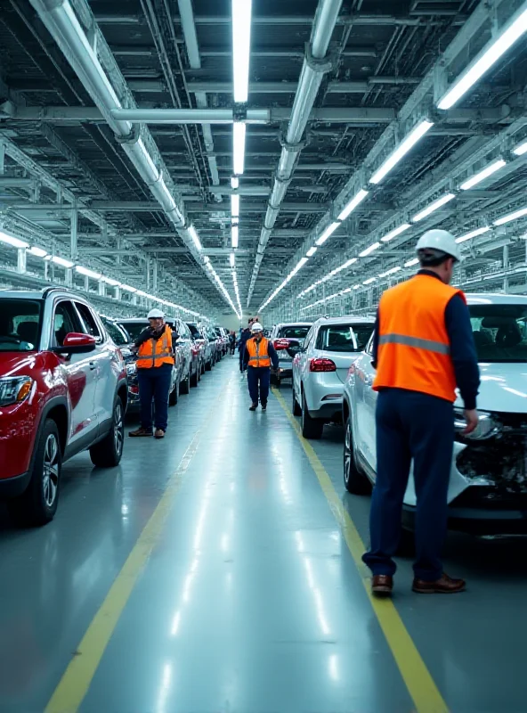 A wide shot of a car factory with assembly lines and workers.