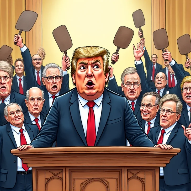 A cartoon depicting Democratic lawmakers waving paddles during a congressional address, with Donald Trump standing at the podium.