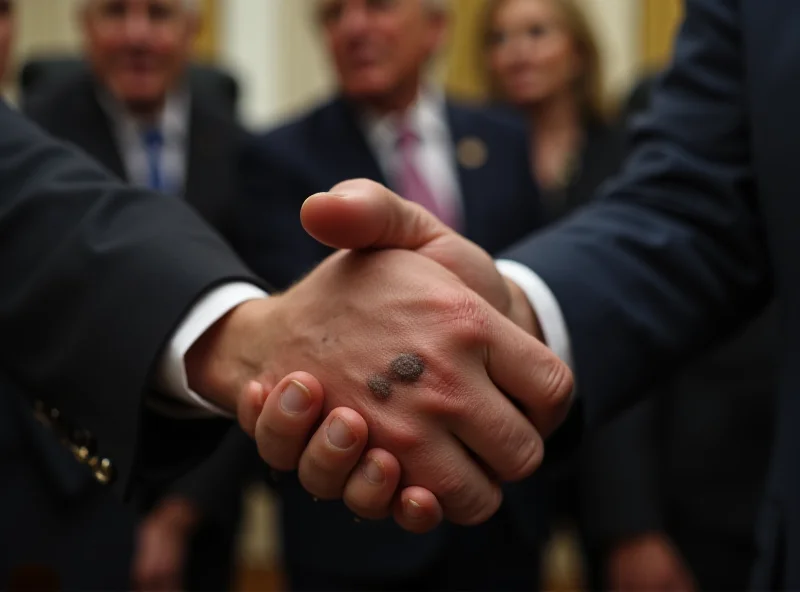 Close-up of Donald Trump shaking hands, showing a large bruise on his right hand.