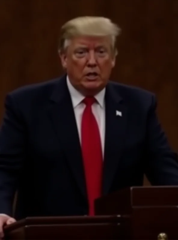 Donald Trump standing at a podium addressing Congress, with a serious expression on his face