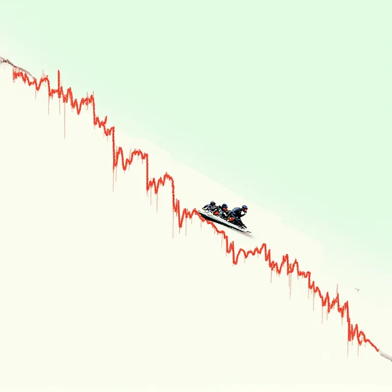 Stock market chart showing a steep decline, with a small American bobsled team illustration superimposed on the chart