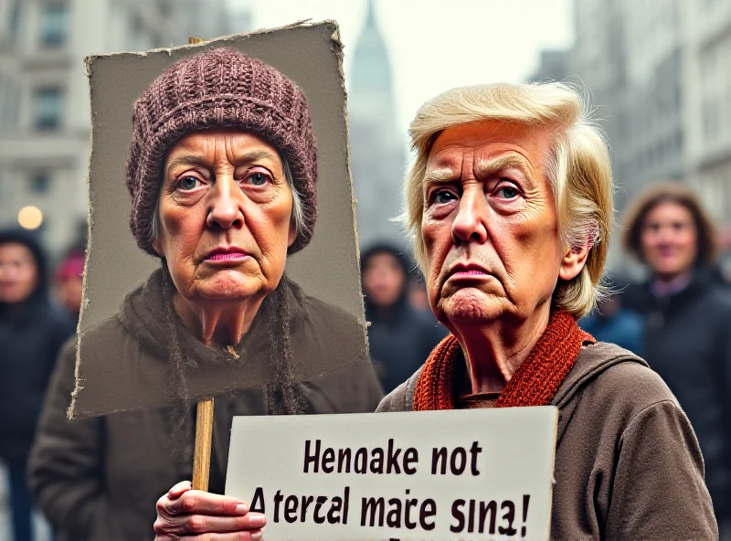 Illustration of an elderly woman protesting next to a caricature of Donald Trump, both looking indignant.