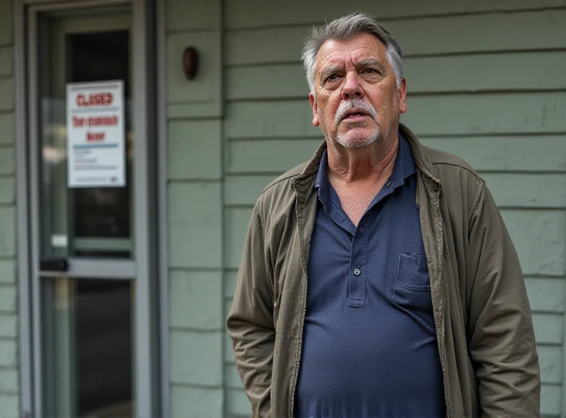 A concerned-looking veteran standing in front of a closed Veterans Affairs office.