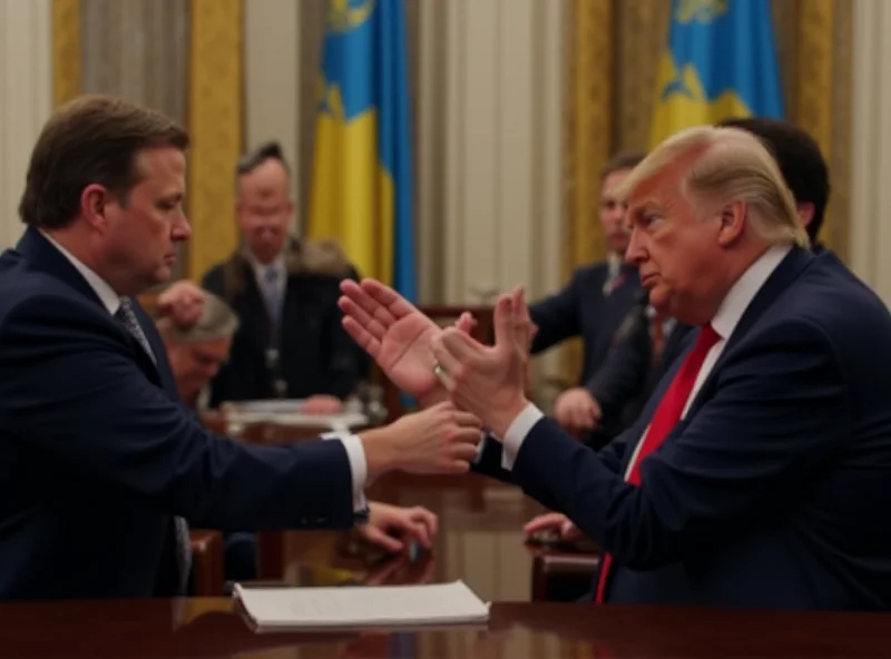 Donald Trump meeting with Volodymyr Zelensky in a formal setting. Trump is gesturing while Zelensky listens attentively. The setting appears to be a brightly lit room with flags of the US and Ukraine in the background.